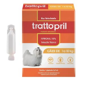 Caixa na cor laranja com detalhes em amarelo para representar a palavra-chave Pipeta Anti Pulgas e Carrapatos Trattopril Cães