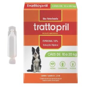 Caixa na cor laranja com detalhes em verde para representar a palavra-chave Pipeta Anti Pulgas e Carrapatos Trattopril Cães