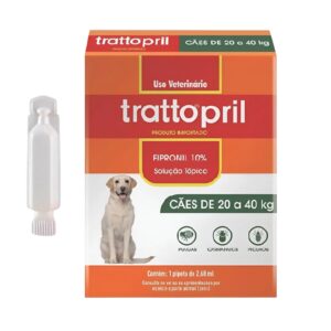 Caixa na cor laranja com detalhes em verde para representar a palavra-chave Pipeta Anti Pulgas e Carrapatos Trattopril Cães