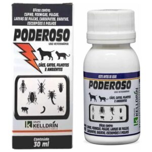 Embalagem na cor azul com detalhes em branco para representar a palavra-chave Poderoso Vet 30mL