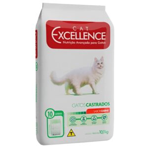 Pacote de ração para gatos castrados na cor branca com detalhes em vermelho para representar a palavra-chave Ração Cat Excellence Castrados Carne