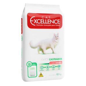 Pacote de ração para gatos castrados na cor branca com detalhes em verde para representar a palavra-chave Ração Cat Excellence Castrados Salmão