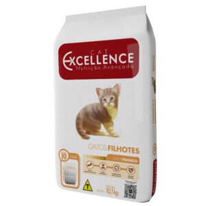 Pacote de ração para gatos filhotes na cor branca com detalhes em laranja apagado para representar a palavra-chave Ração Cat Excellence Gato Filhote.