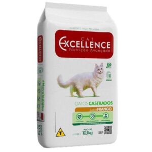 Pacote de ração para gatos castrados na cor branca com detalhes em vermelho para representar a palavra-chave Ração Cat Excellence Gatos Castrados Frango