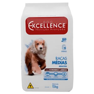 Pacote de ração para cães adultos na cor branca com detalhes em azul para representar a palavra-chave Ração Dog Excellence Cordeiro 15kg