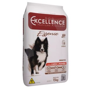 Pacote de ração para cães adultos na cor branca com detalhes em vermelho para representar a palavra-chave Ração Dog Excellence Essence Carne e Frango
