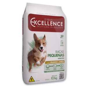 Pacote de ração para cães adultos na cor cinza claro com detalhes em vermelho para representar a palavra-chave Ração Dog Excellence Frango Raças Pequenas