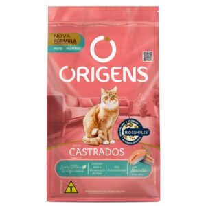 Pacote de ração para gatos castrados na cor vermelho com detalhes em ciano apagado para representar a palavra-chave Ração Gatos Castrados Salmão 10kg Origens Premium