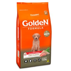 Pacote de ração para cães filhotes na cor laranja com detalhes em vermelho para representar Ração Golden Filhotes Frango 15kg