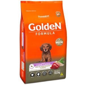 Pacote de ração para cães filhotes na cor laranja vivido com detalhes em laranja para representar a palavra-chave Ração Golden Filhotes Raças Pequenas Carne