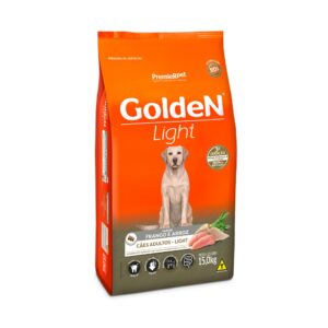 Pacote de ração para cães adultos light na cor laranja com detalhes cinza, para representar a palavra-chave Ração Golden Light 15kg Cães Adultos Médios e Grandes.