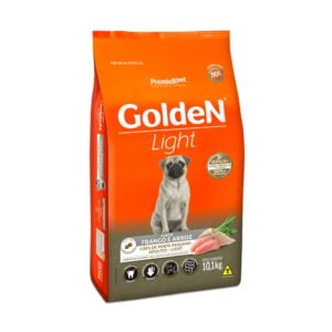 Pacote de ração para cães adultos light na cor laranja com detalhes cinza, para representar a palavra-chave Ração Golden Light Cães Adultos Raças Pequenas 10kg.