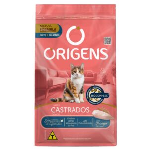 Pacote de ração para gatos castrados na cor vermelho com detalhes em verde para representar a palavra-chave Ração Gatos Castrados Frango Origens 10kg Premium