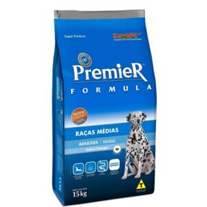 Pacote de ração para cães adultos na cor azul com detalhes em branco para representar a palavra-chave Ração Premier Cães Adultos Raças Medias Sabor Frango