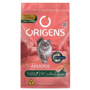Pacote de ração para gatos addultos na cor vermelha com detalhes em verde para representar a palavra-chave Ração Premium para Gatos Adultos Sabor Salmão 10kg.