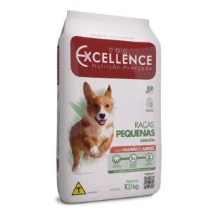 Pacote de ração para cães adultos na cor cinza claro com detalhes em verde apagado para representar a palavra-chave Ração Salmão Cães Pequenos Excellence