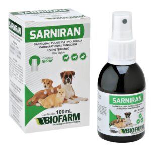 Caixa na cor branca com detalhes em verde para representar a palavra-chave Sarniran Spray