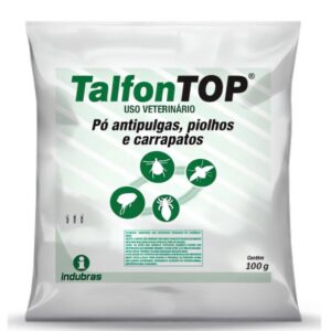 Pacote na cor branca com detalhes em verde para representar a palavra-chave Talfon Top Antipulgas 100gr
