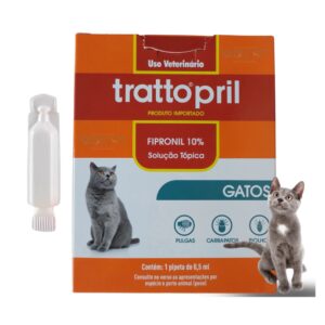 Caixa na cor laranja com detalhes em verde para representar a palavra-chave Pipeta Anti Pulgas Trattopril Gatos 1 ate 10Kg