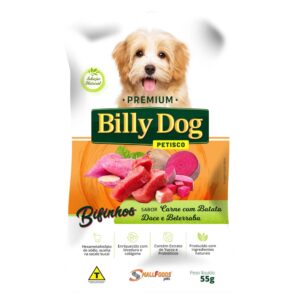 Embalagem de sache para cães adultos na cor branca com detalhes em verde para representar a palavra-chave Bifinho para Cachorro Billy Dog Carne com Batata Doce