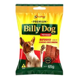 Embalagem de sache para cães adultos na cor amarela com detalhes em verde para representar a palavra-chave Bifinho para cachorro Billy Dog