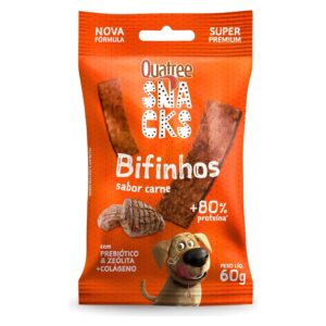 Embalagem na cor laranja com detalhes em branco e vermelho para representar a palavra-chave Bifinho para Cachorro Quatree Carne