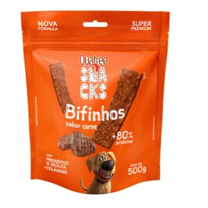 Embalagem na cor laranja com detalhes em branco e vermelho para representar a palavra-chave Bifinho para Cachorro Quatree Carne
