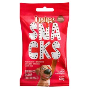 Embalagem na cor vermelha com detalhes em branco para representar a palavra-chave Bifinho para Cachorro Quatree Churrasco