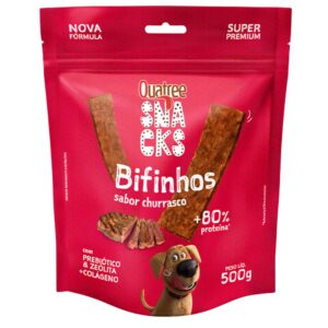 Embalagem na cor vermelha com detalhes em branco para representar a palavra-chave Bifinho para Cachorro Quatree Churrasco