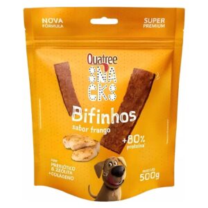 Embalagem na cor amarela com detalhes em branco e vermelho para representar a palavra-chave Bifinho para Cachorro Quatree Frango