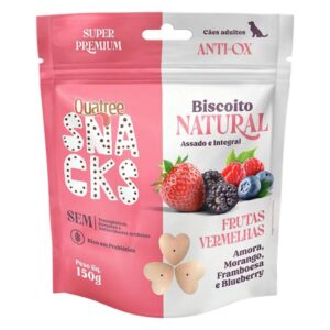 Pacote de biscoito para cães na cor branca com detalhes em vermelho para representar a palavra-chave Biscoito Natural Quatree Frutas Vermelhas Cães 150g