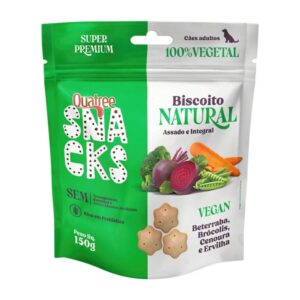 Embalagem de biscoito para cães na cor branca com detalhes em verde para representar a palavra-chave Biscoito Natural Quatree Vegan para Cães 150g