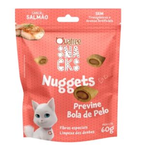 Embalagem na cor rosa com detalhes em branco para representar a palavra-chave Quatree Snacks Gatos Bola de Pelo