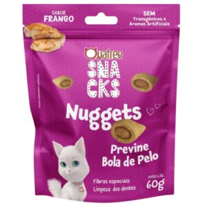 Embalagem na cor rosa com detalhes em branco para representar a palavra-chave Quatree Snacks Gatos Bola de Pelo