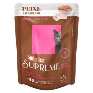 Sache de ração para gato adultos na cor marrom com detalhes em rosa para representar a palavra-chave Sache Quatree Supreme Gatos Adultos Peixe
