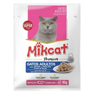Sache de ração para gatos na cor branca com detalhes em vermelho e azul para representar a palavra-chave Sache Mikcat Adultos Atum 85g