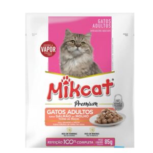 Sache de ração para gatos na cor branca com detalhes em vermelho para representar a palavra-chave Sache Mikcat Adultos Salmão 85g