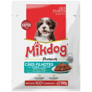 Sache de ração para cães adultos na cor branca com detalhes em azul para representar a palavra-chave Sache Mikdog Filhotes Sabor Carne 100g