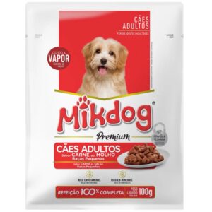 Sache de ração para cães adultos na cor branca com detalhes em vermelho para representar a palavra-chave Sache Mikdog Raças Pequenas Sabor Carne 100g