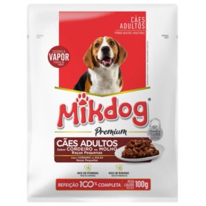 Sache de ração para cães adultos na cor branca com detalhes em vermelho e marrom para representar a palavra-chave Sache Mikdog Raças Pequenas Sabor Cordeiro 100g