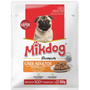 Sache de ração para cães adultos na cor branca com detalhes em vermelho e laranja para representar a palavra-chave Sache Mikdog Raças Pequenas Sabor Frango 100g