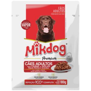 Sache de ração para cães adultos na cor branca com detalhes em vermelho para representar a palavra-chave Sache Mikdog Raças Médias e Grandes Carne 100g