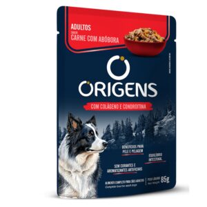 Sache de ração para cães na cor azul com detalhes em vermelho para representar a palavra-chave Sachê Origens Cães Adultos Raças Médias Carne com Abóbora 85g