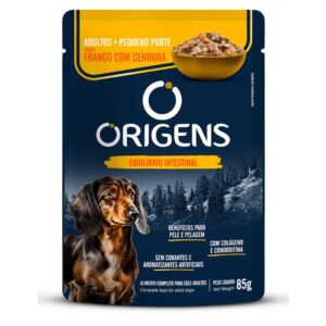 Sache de ração para cães na cor azul com detalhes em amarelo para representar a palavra-chave Sachê Origens Cães Adultos Raças Pequenas Frango 85g