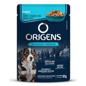 Sache de ração para cães na cor azul com detalhes em azure para representar a palavra-chave Sache Origens Cães Filhotes Carne Frango 85g