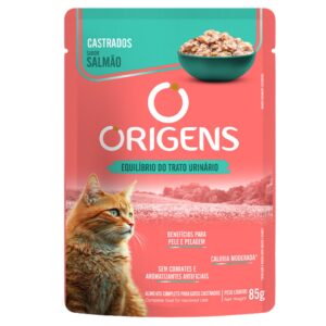 Sache de ração para gatos castrados na cor rosa com detalhes em verde para representar a palavra-chave Sache Origens Gatos Castrados Sabor Salmão 85g