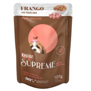 Sache de ração para cães adultos na cor marrom com detalhes em rosa para representar a palavra-chave Sachê Quatree Supreme Cães Adultos Frango 100g