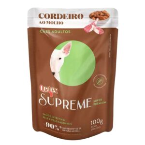 Sache de ração para cães adultos na cor marrom com detalhes em verde para representar a palavra-chave Sachê Quatree Supreme Cães Adultos Cordeiro 100g