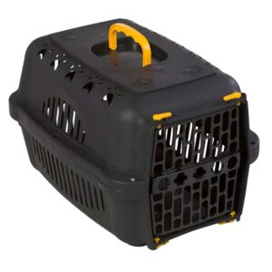 Caixa de plastico na cor preta com detalhaes em amarelo representar a palavra-chave Caixa de transporte para cachorro