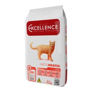 Pacote de ração para gatos adultos na cor branca com detalhes em vermelho para representar a palavra-chave Ração Cat Excellence Adultos 10Kg | Carne